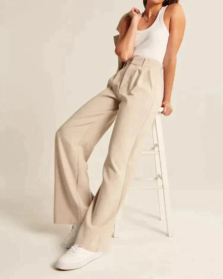 Damesbroek Hoge Taille Beige Wijde Pijp 2