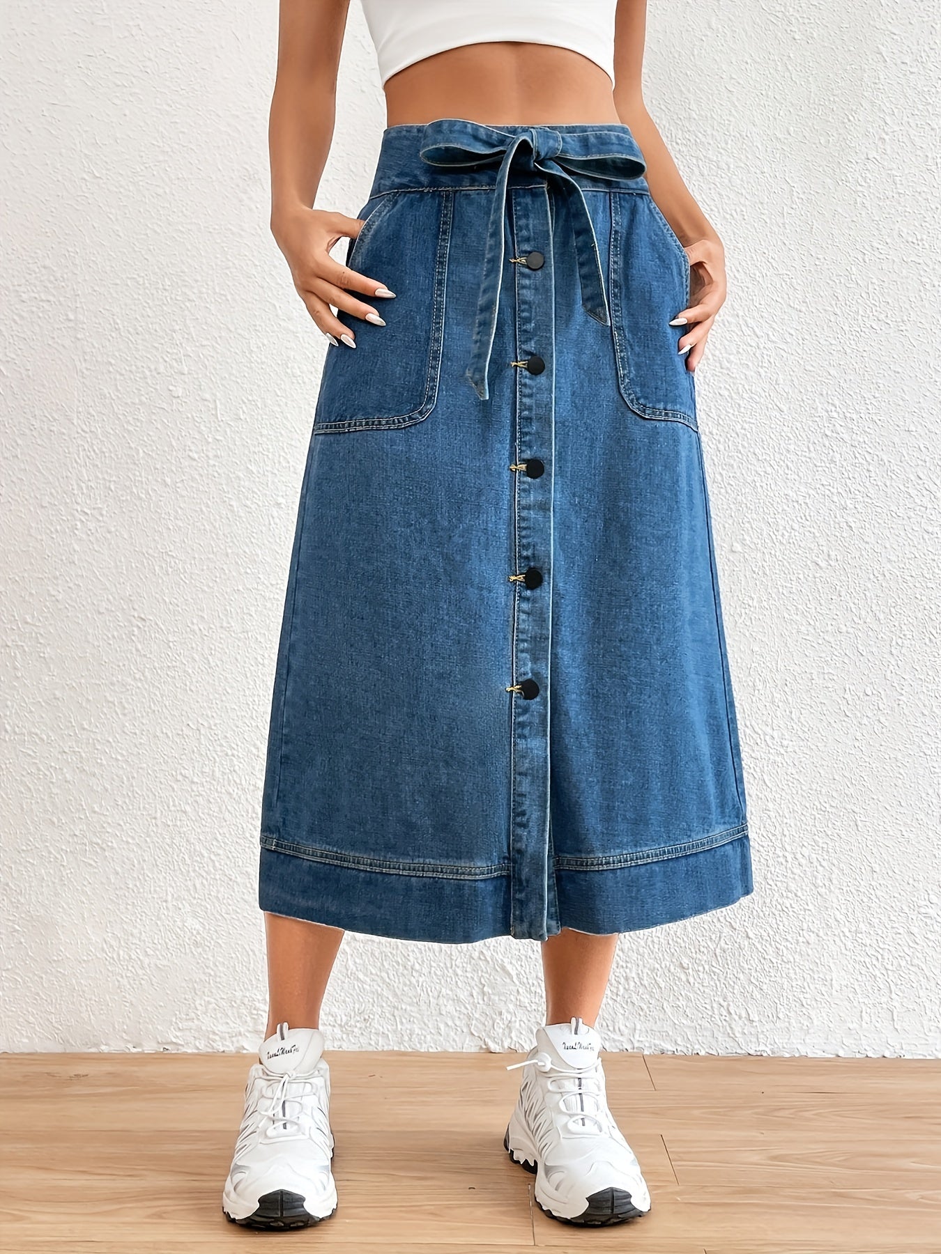 Dames Midi Rok Effen Denim met Strikceintuur 5