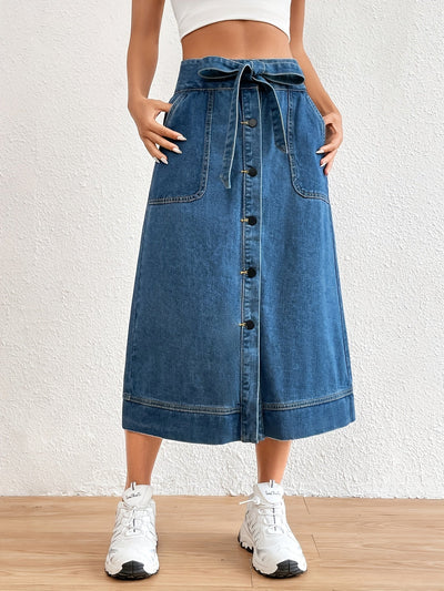 Dames Midi Rok Effen Denim met Strikceintuur 5