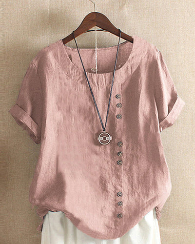Dames T-shirt Effen Ronde Hals Korte Mouw Katoen Linnen Mix 1