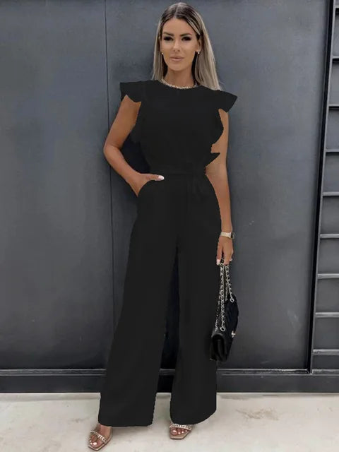 Dames Jumpsuit Feestelijk Met Wijde Pijpen Ronde Hals Geruffelde Mouwen 1
