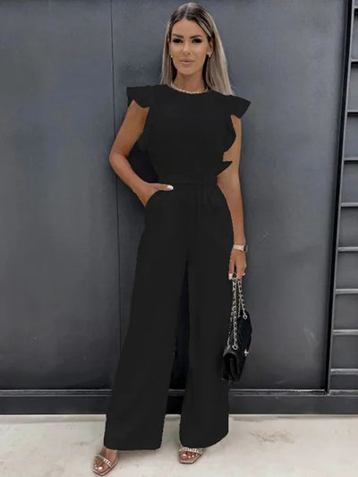 Dames Jumpsuit Feestelijk Met Wijde Pijpen Ronde Hals Geruffelde Mouwen 1