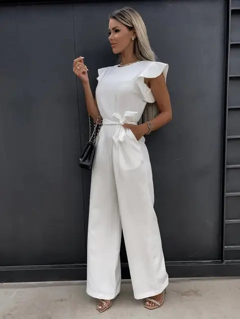 Dames Jumpsuit Feestelijk Met Wijde Pijpen Ronde Hals Geruffelde Mouwen 5