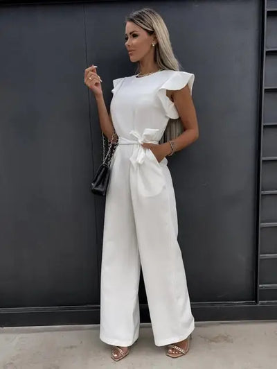 Dames Jumpsuit Feestelijk Met Wijde Pijpen Ronde Hals Geruffelde Mouwen 5