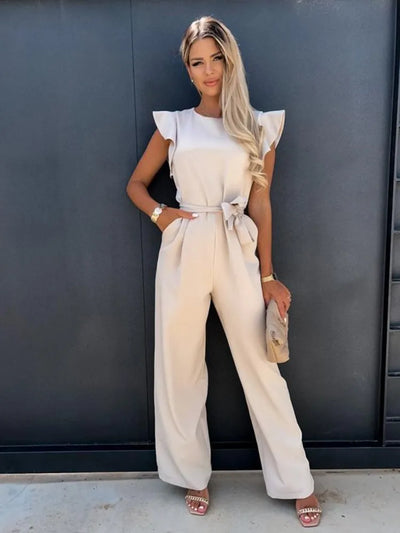 Dames Jumpsuit Feestelijk Met Wijde Pijpen Ronde Hals Geruffelde Mouwen 6