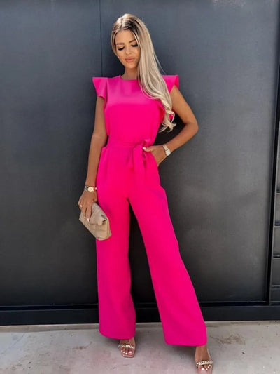 Dames Jumpsuit Feestelijk Met Wijde Pijpen Ronde Hals Geruffelde Mouwen 3
