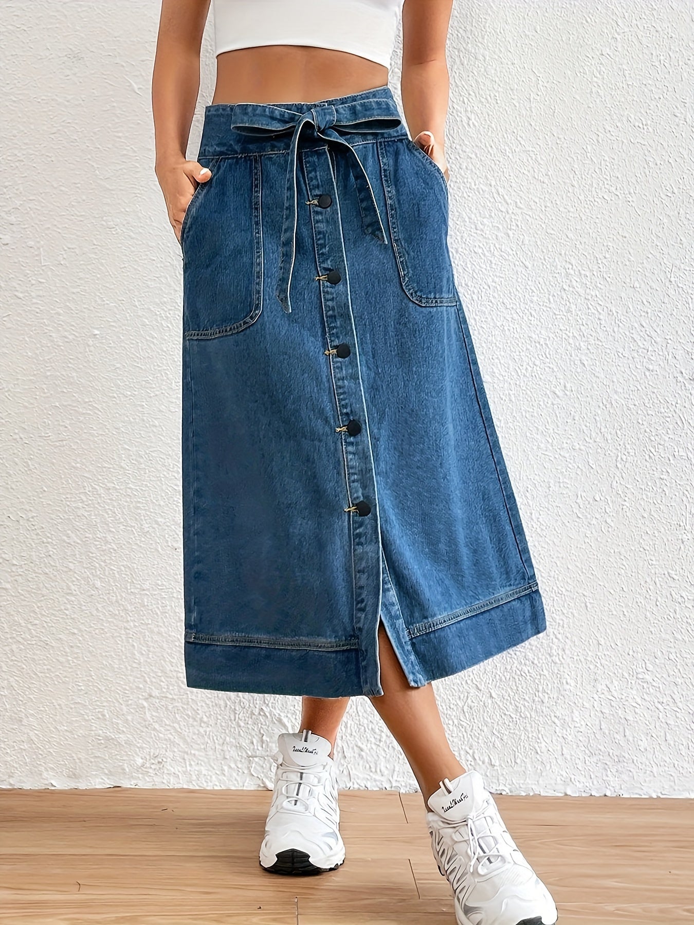 Dames Midi Rok Effen Denim met Strikceintuur 2