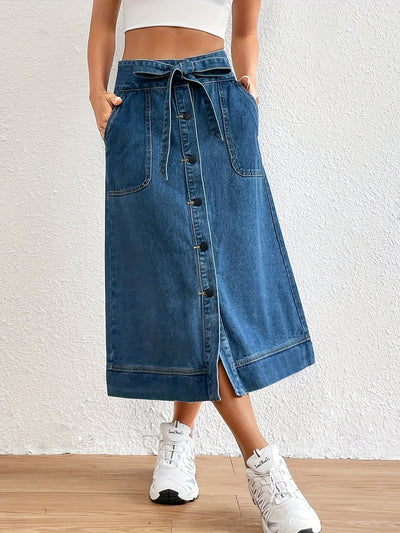 Dames Midi Rok Effen Denim met Strikceintuur 2