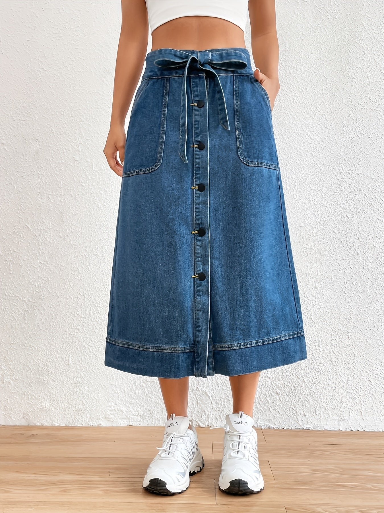 Dames Midi Rok Effen Denim met Strikceintuur 3
