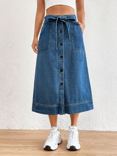Dames Midi Rok Effen Denim met Strikceintuur 3