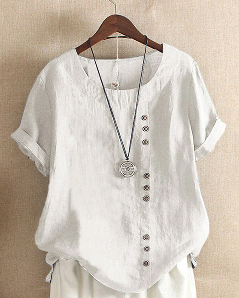 Dames T-shirt Effen Ronde Hals Korte Mouw Katoen Linnen Mix 2