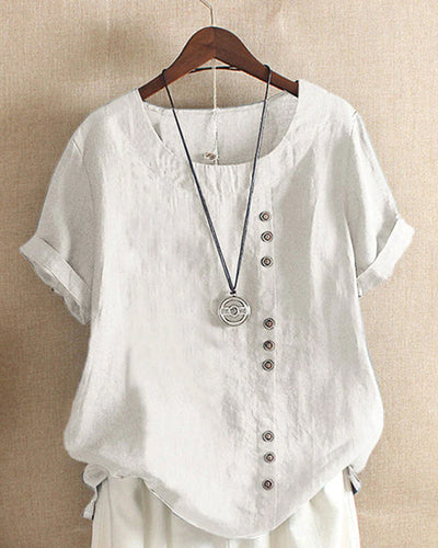 Dames T-shirt Effen Ronde Hals Korte Mouw Katoen Linnen Mix 2
