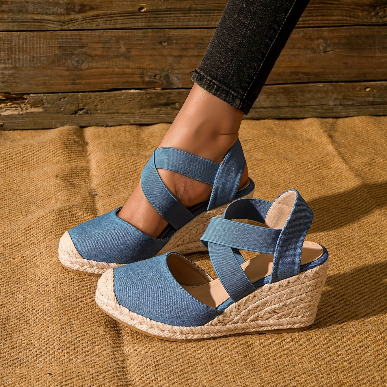 Dames Espadrilles Sleehak Effen Kleur Met Enkelbandje 6