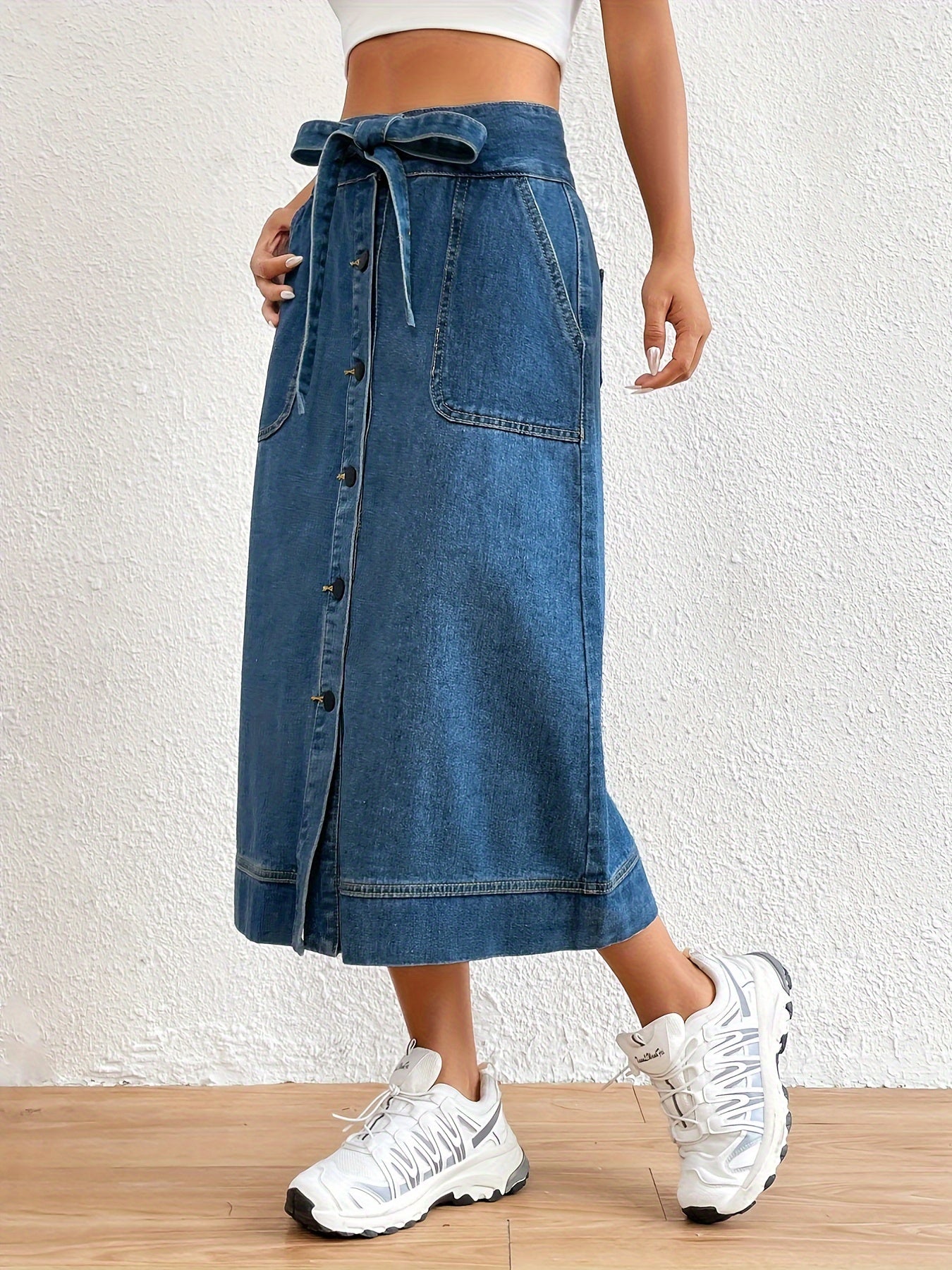 Dames Midi Rok Effen Denim met Strikceintuur 6