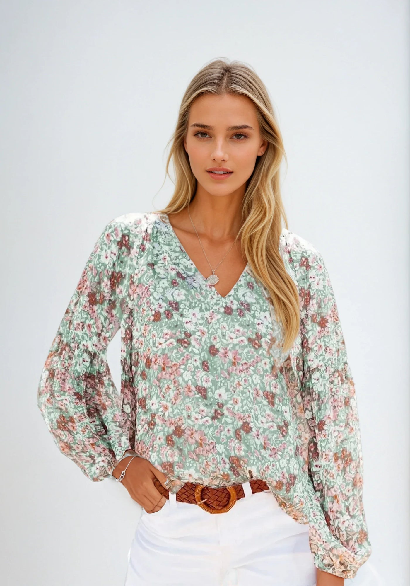 Dames Bloemen Blouse Licht Groen Casual 4