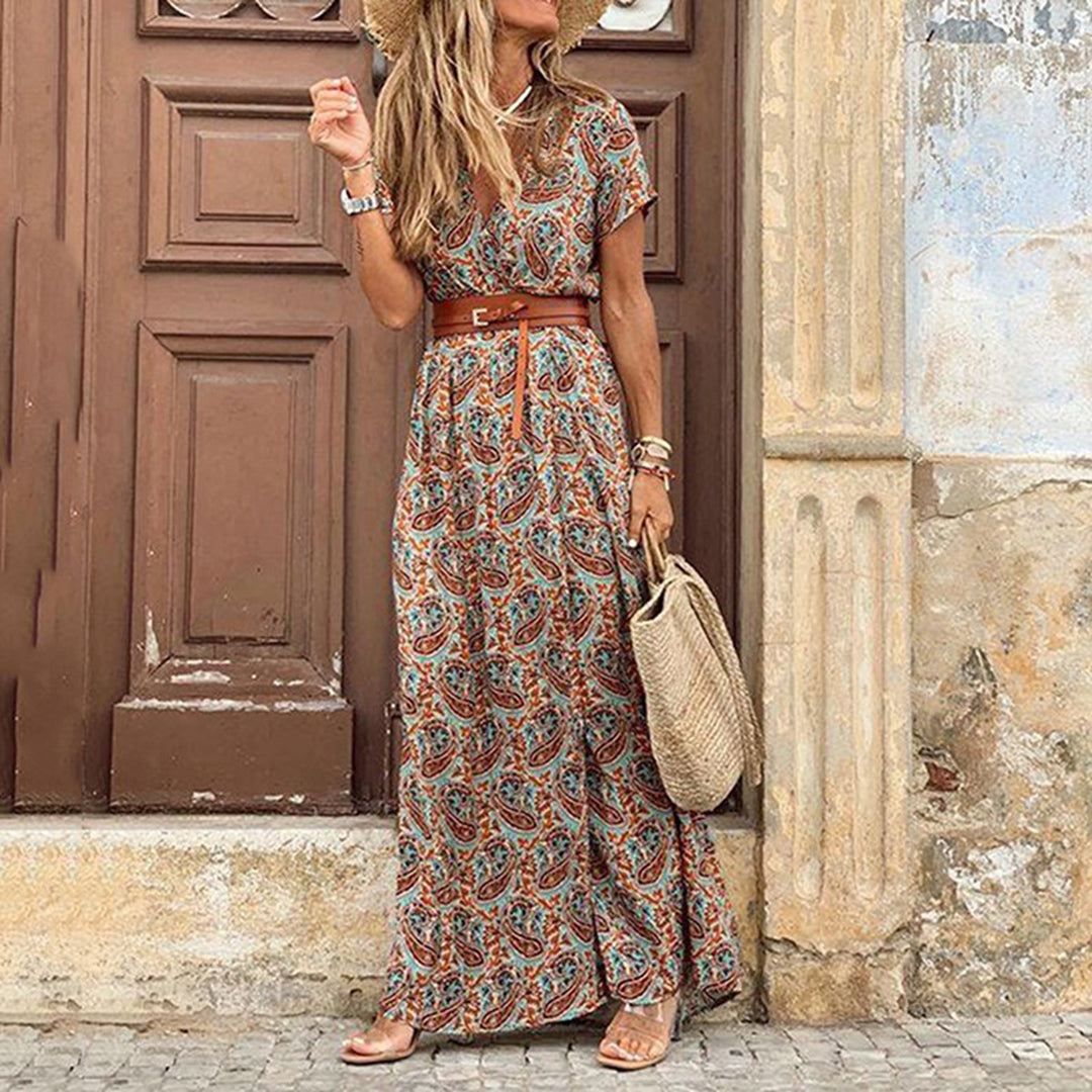 Dames Maxi Jurk V-Hals Korte Mouwen Boho Stijl 3
