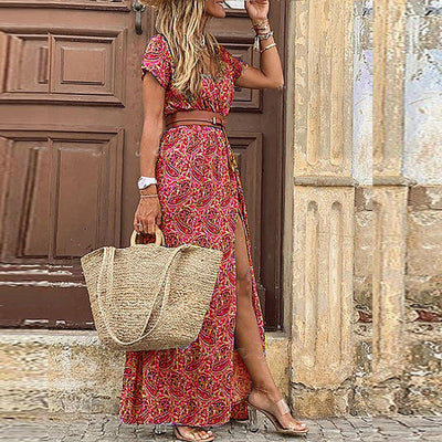 Dames Maxi Jurk V-Hals Korte Mouwen Boho Stijl 4