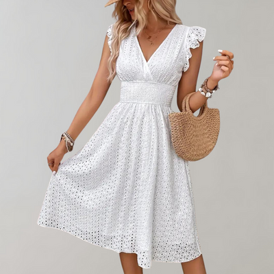 Dames Midi Zomerjurk Wit Mouwloos met Ruches 1