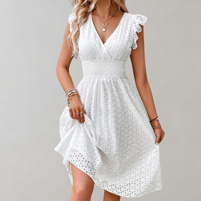 Dames Midi Zomerjurk Wit Mouwloos met Ruches 4