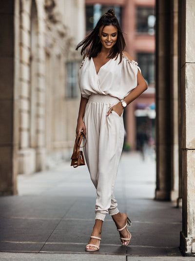 Dames Jumpsuit Wit Open Schouders V-Hals 1