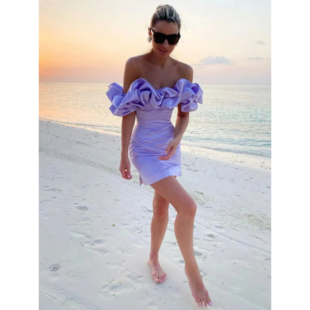 Dames Jurk Off-Shoulder Gerimpeld Paars M 1