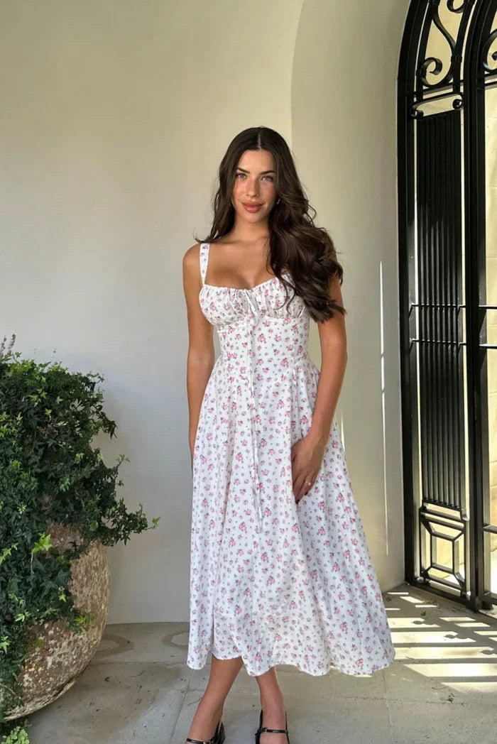Witte Midi Zomerjurk Dames met Corsetontwerp en Bloemenprint 1