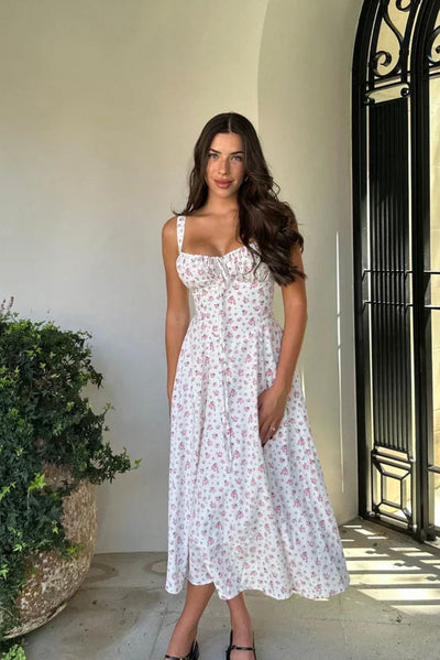 Witte Midi Zomerjurk Dames met Corsetontwerp en Bloemenprint 1