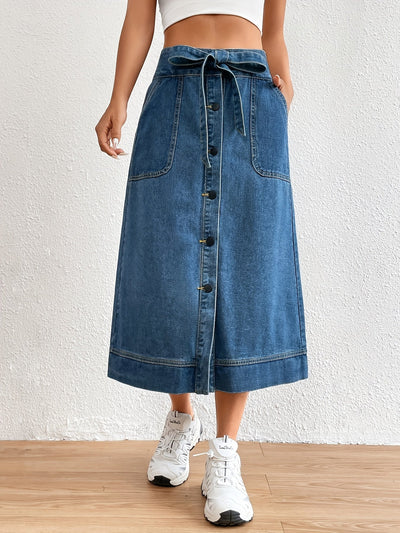 Dames Midi Rok Effen Denim met Strikceintuur 4