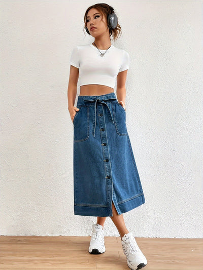 Dames Midi Rok Effen Denim met Strikceintuur 1