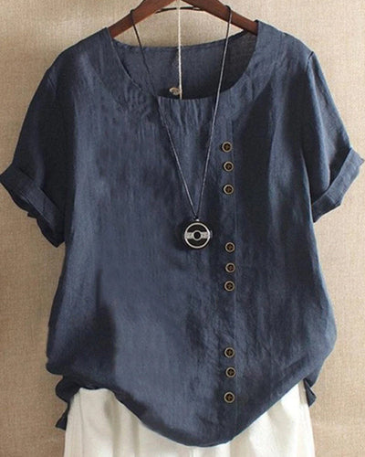 Dames T-shirt Effen Ronde Hals Korte Mouw Katoen Linnen Mix 4