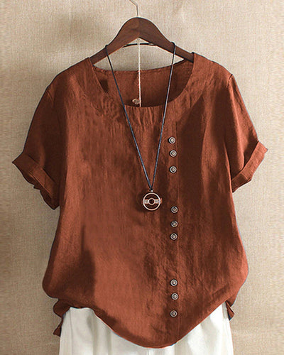Dames T-shirt Effen Ronde Hals Korte Mouw Katoen Linnen Mix 3
