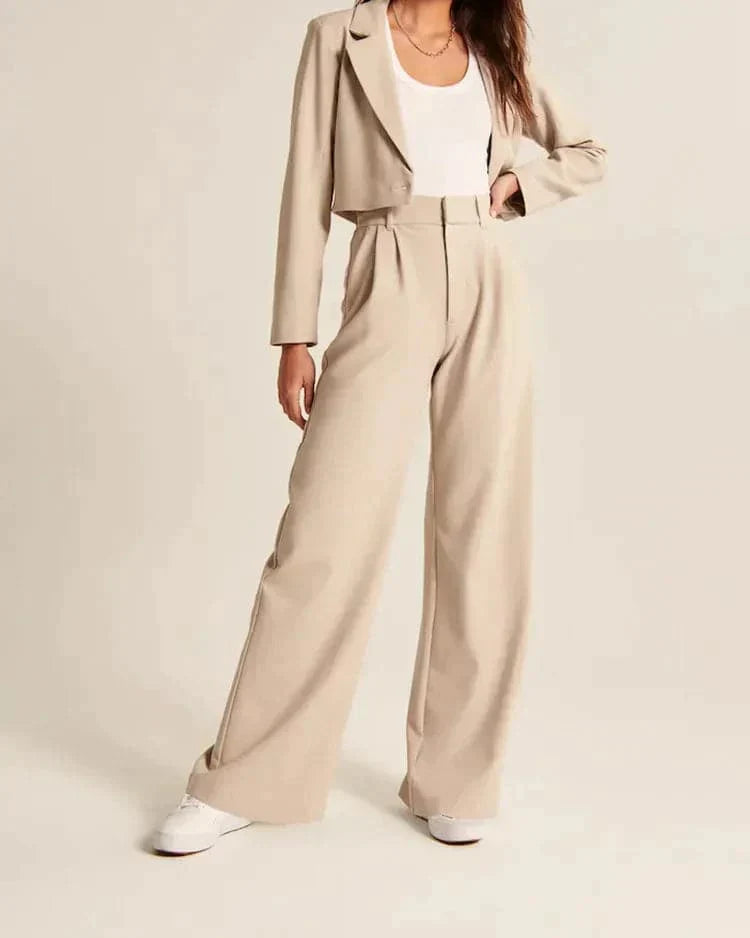 Damesbroek Hoge Taille Beige Wijde Pijp 1
