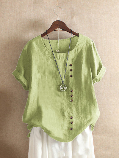 Dames T-shirt Effen Ronde Hals Korte Mouw Katoen Linnen Mix 6